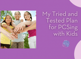 groups of kids with hands together on a purple background with "My Tried and Tested Plan for PCSing with Kids" join text and MMC logo