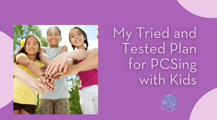 groups of kids with hands together on a purple background with "My Tried and Tested Plan for PCSing with Kids" join text and MMC logo