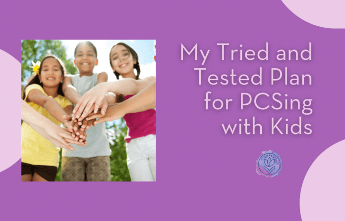 groups of kids with hands together on a purple background with "My Tried and Tested Plan for PCSing with Kids" join text and MMC logo