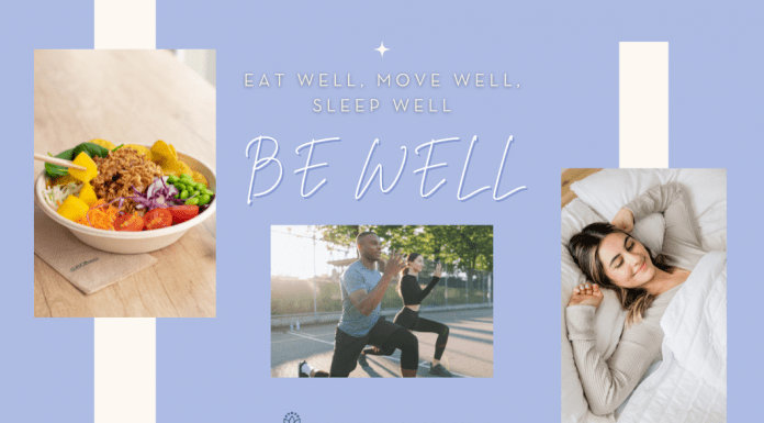 Eat Well, Move Well, Sleep Well – Be Well "Eat Well, Move Well, Sleep Well - Be Well" in text with MMC logo and pictures of healthy food, people exercising, and a rested woman waking up in bed