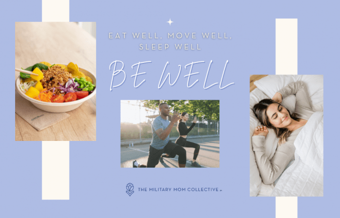 "Eat Well, Move Well, Sleep Well - Be Well" in text with MMC logo and pictures of healthy food, people exercising, and a rested woman waking up in bed