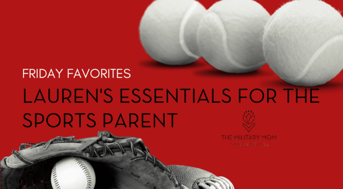 sports equipment in black and white on a red background. "Friday Favorites: Lauren's Essentials for the Sports Parent" in text and MMC logo