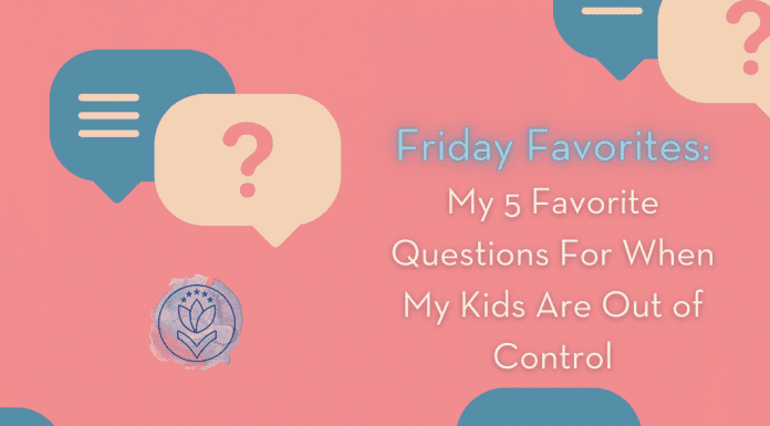 question bubbles in beige and blue on a pick background. "My 5 Favorite Questions For When My Kids Are Out of Control" in text and MMC logo