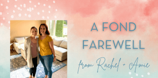 A Fond Farewell From Rachel + Amie Amie + Rachel on a blue and pink watercolor background with "A Fond Farewell from Rachel + Amie" in text