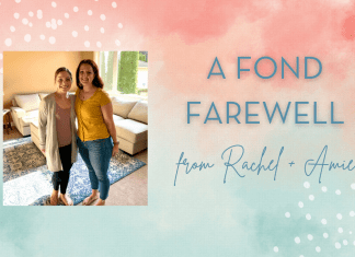 Amie + Rachel on a blue and pink watercolor background with "A Fond Farewell from Rachel + Amie" in text