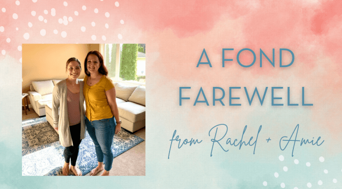 Amie + Rachel on a blue and pink watercolor background with "A Fond Farewell from Rachel + Amie" in text