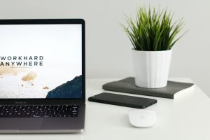 Laptop open on a desk. Screen shows image with 'work hard anywhere'. A green plant sits on the desk behind laptop.