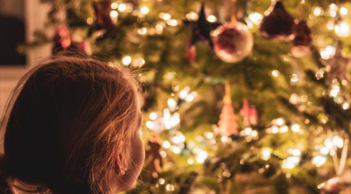 A little girl stands in the foreground looking away from camera towards a well-lit christmas tree.