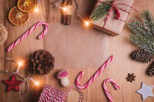 Holiday display with candy canes and packages