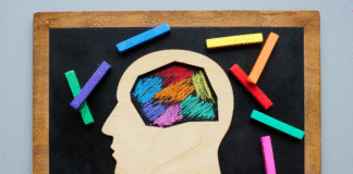 Wooden profile of a head with the area of the brain cut out, laying on a chalkboard. Inside the head, there are multiple colors scribbled to indicate the brain to indicate how different brains function, especially autistic brains.