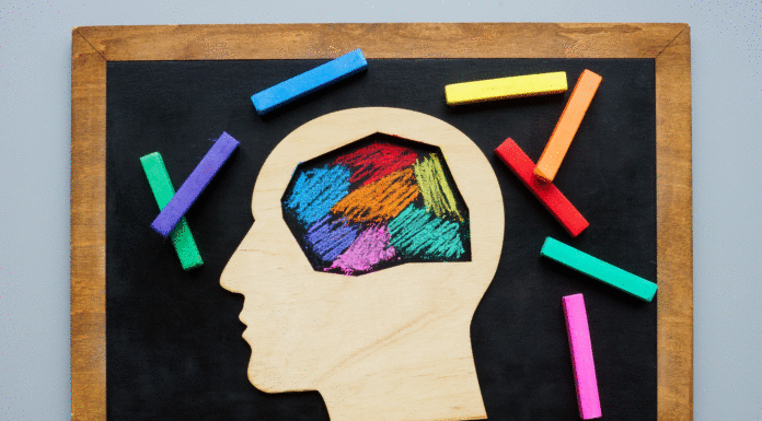 Wooden profile of a head with the area of the brain cut out, laying on a chalkboard. Inside the head, there are multiple colors scribbled to indicate the brain to indicate how different brains function, especially autistic brains.