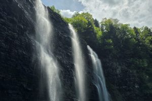 Three waterfalls from below